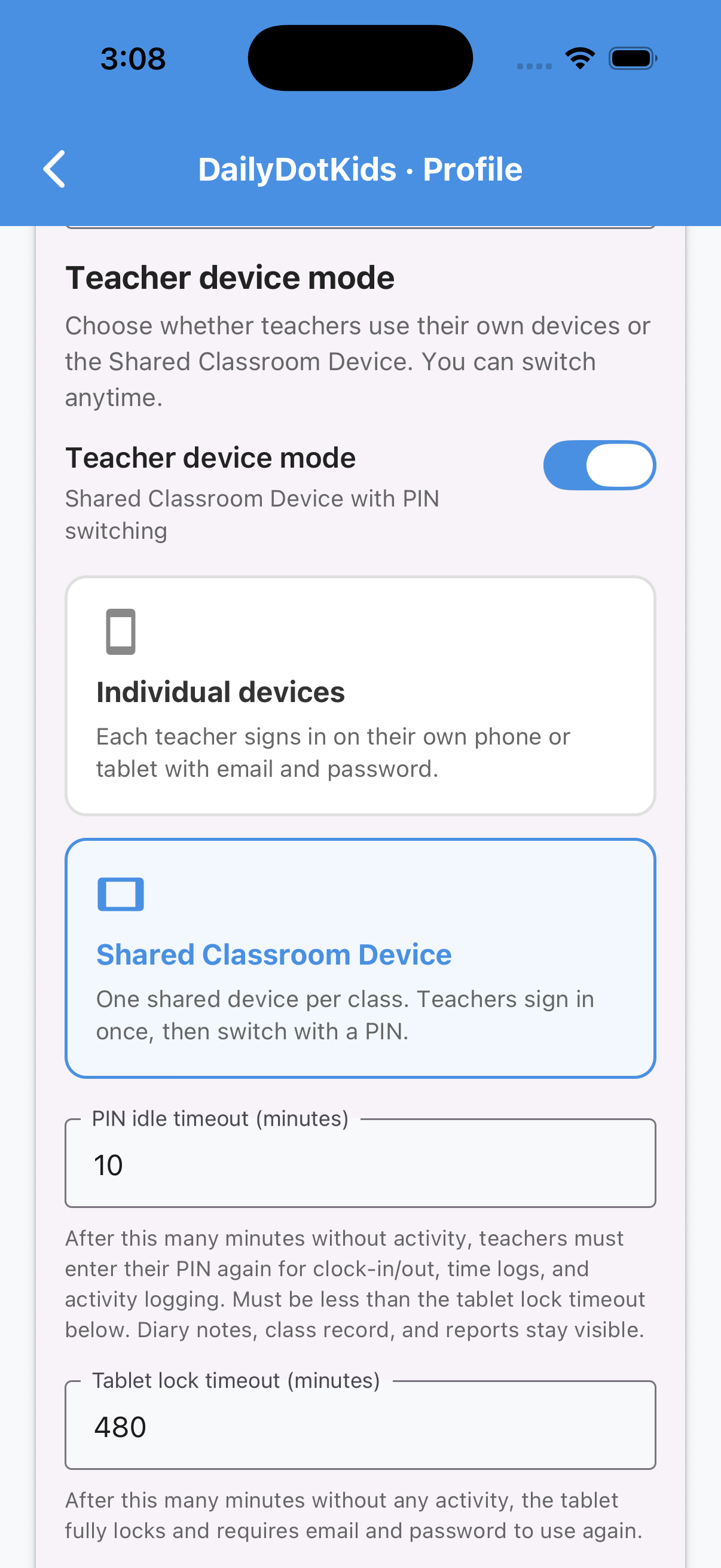 Admin settings for shared classroom device mode with session timeouts