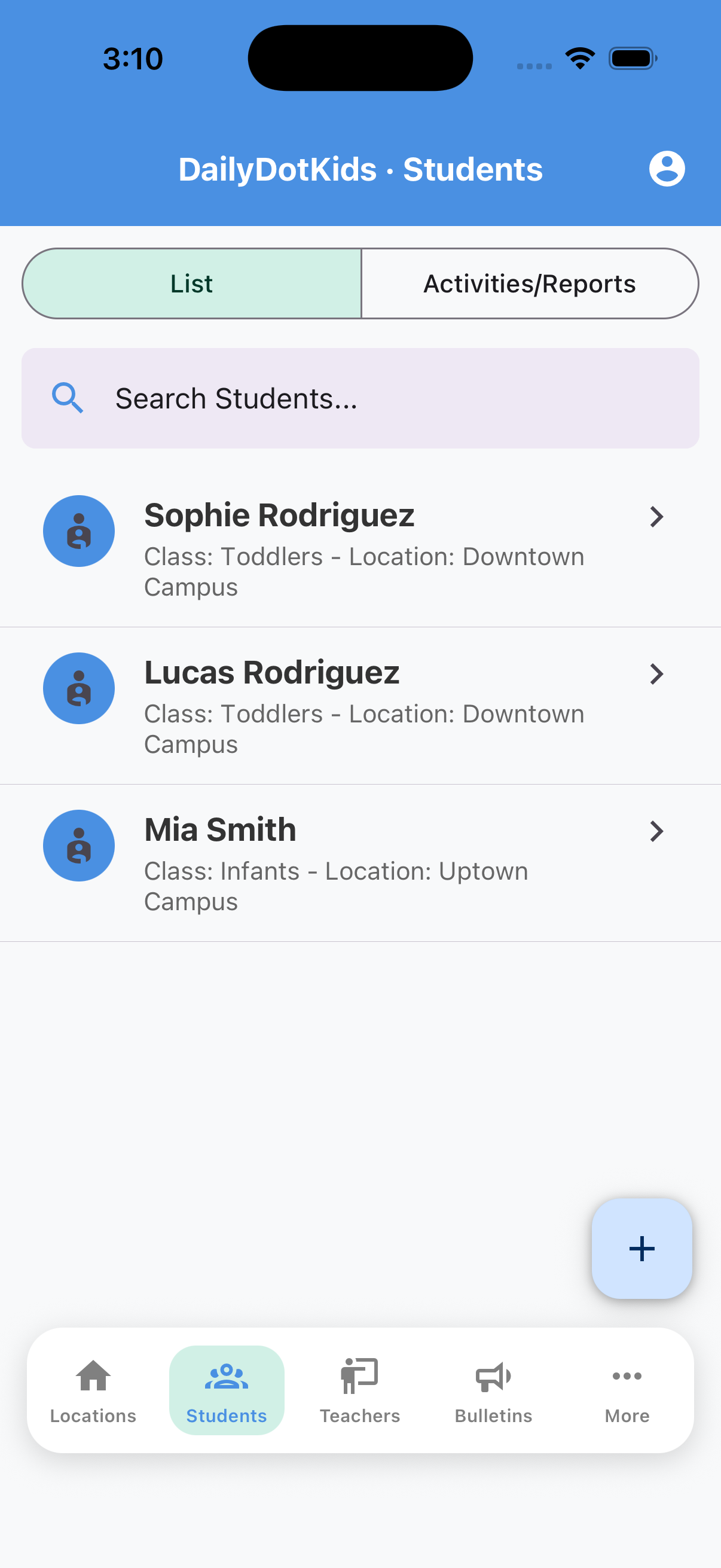 Admin student roster with class and location assignments