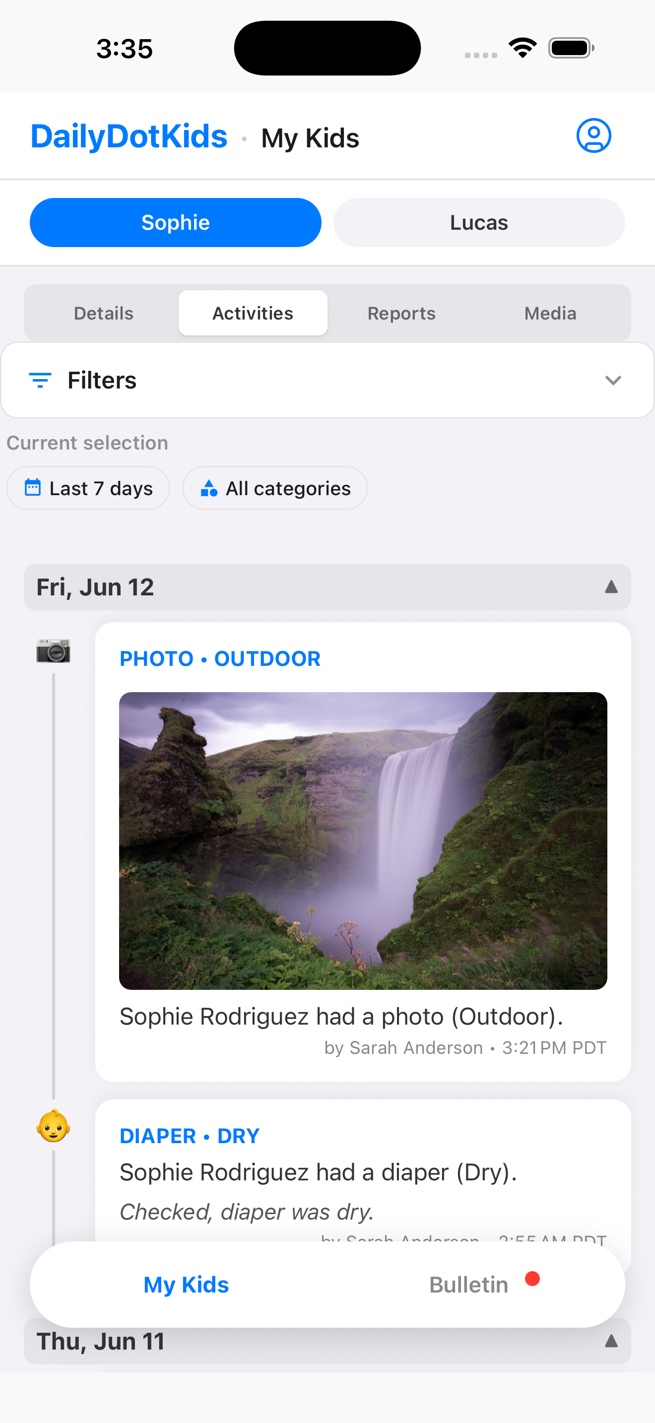 Parent live activity feed with photos and moods