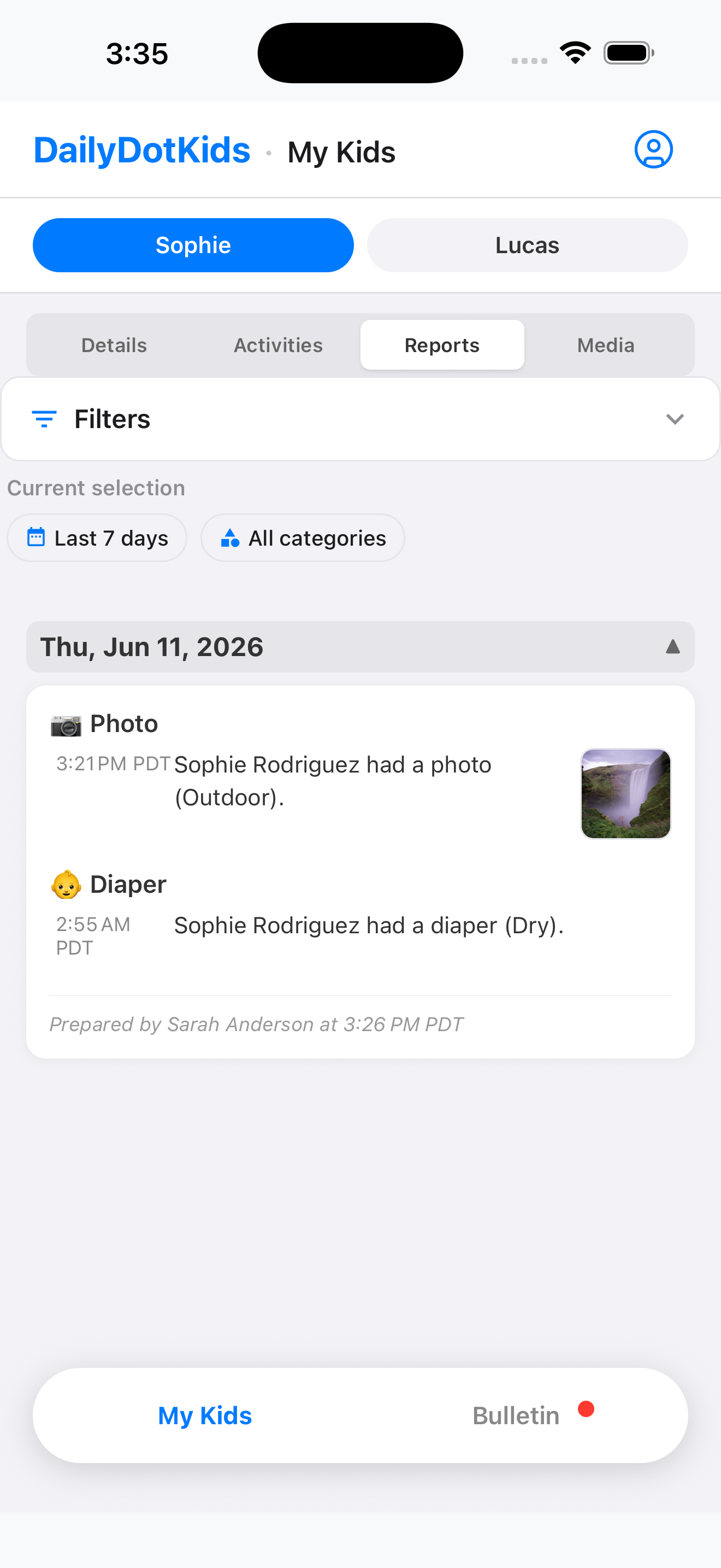 Parent daily reports by category