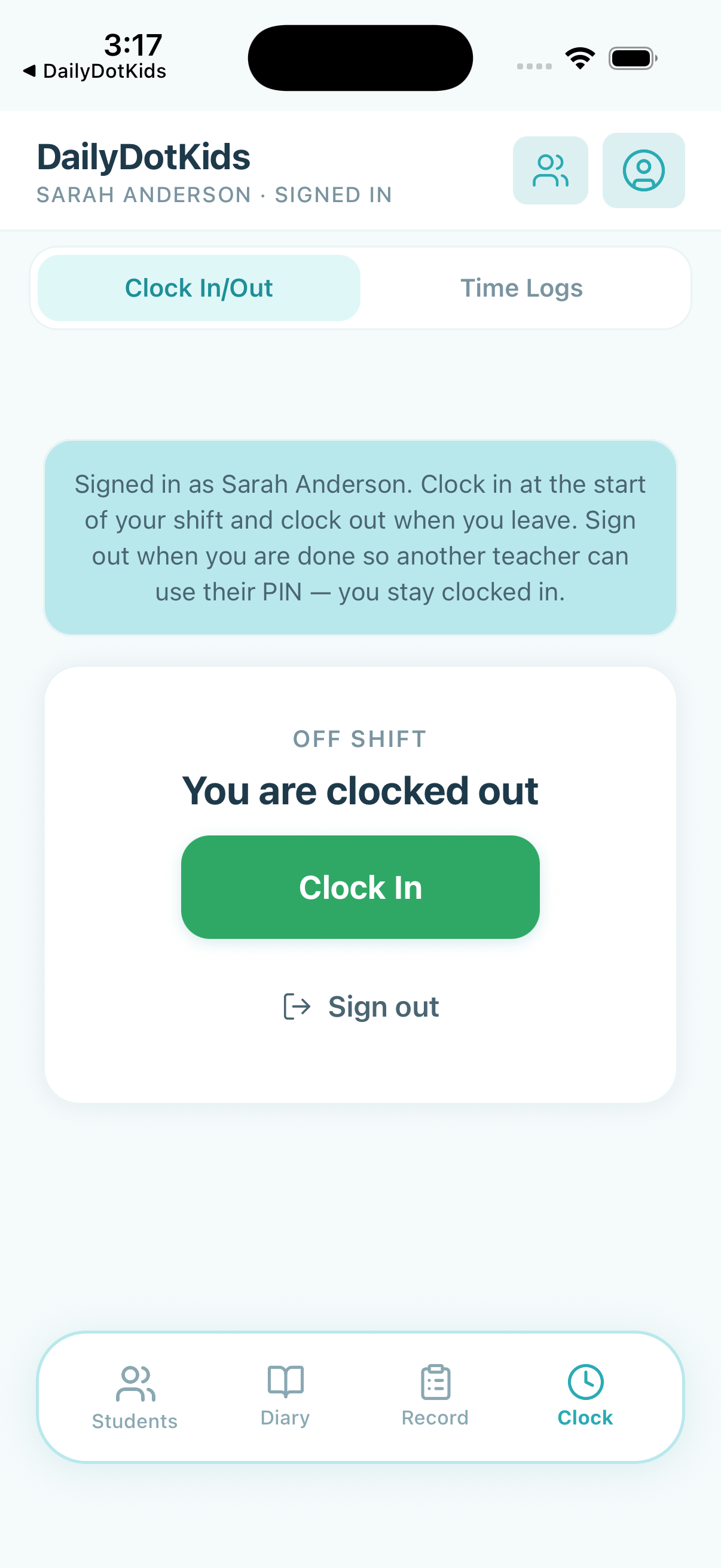 Teacher clock in and out screen on a shared classroom tablet