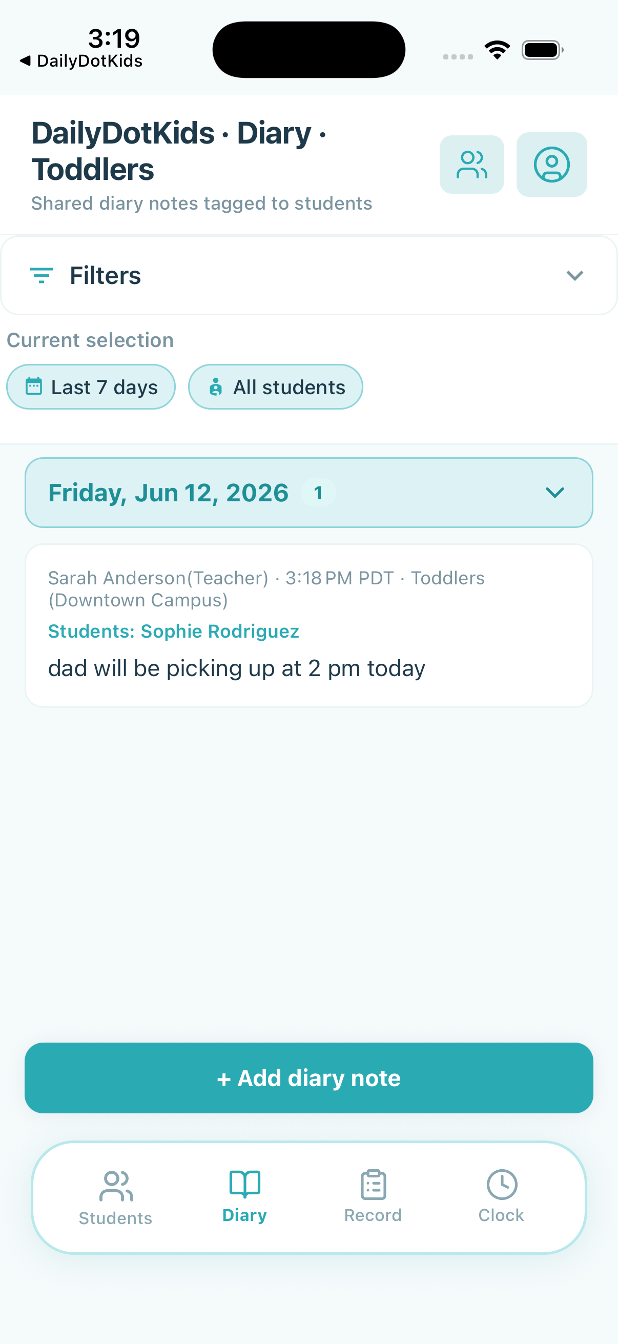 Teacher class diary with student-tagged notes