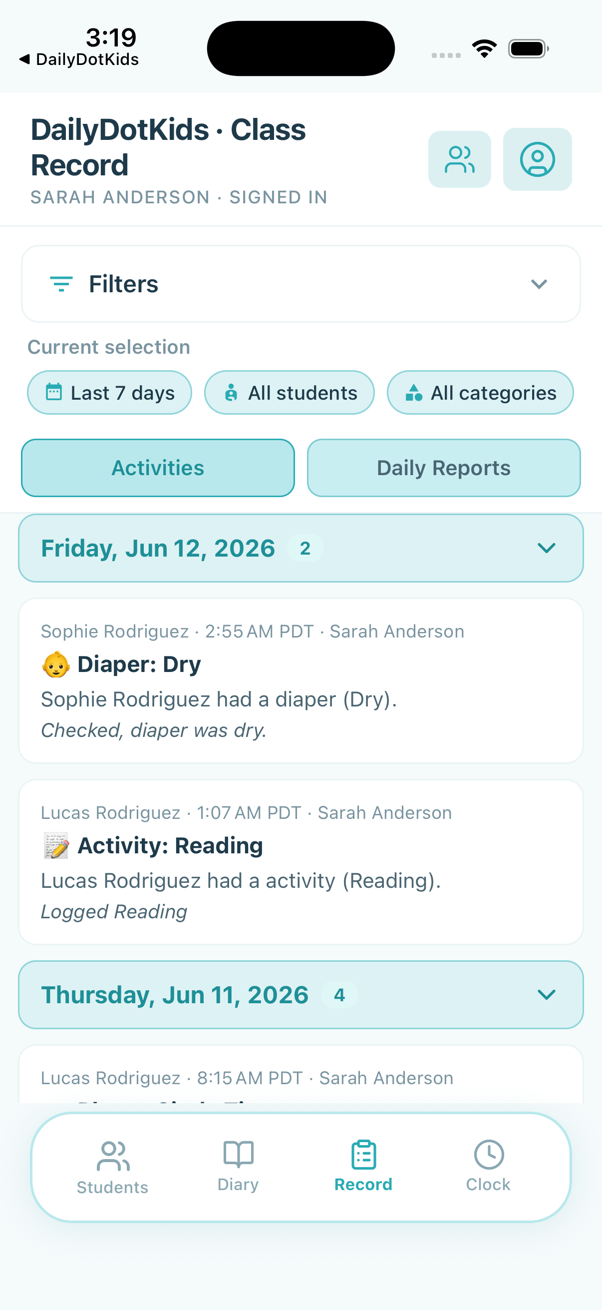 Teacher class record with activity and report history filters