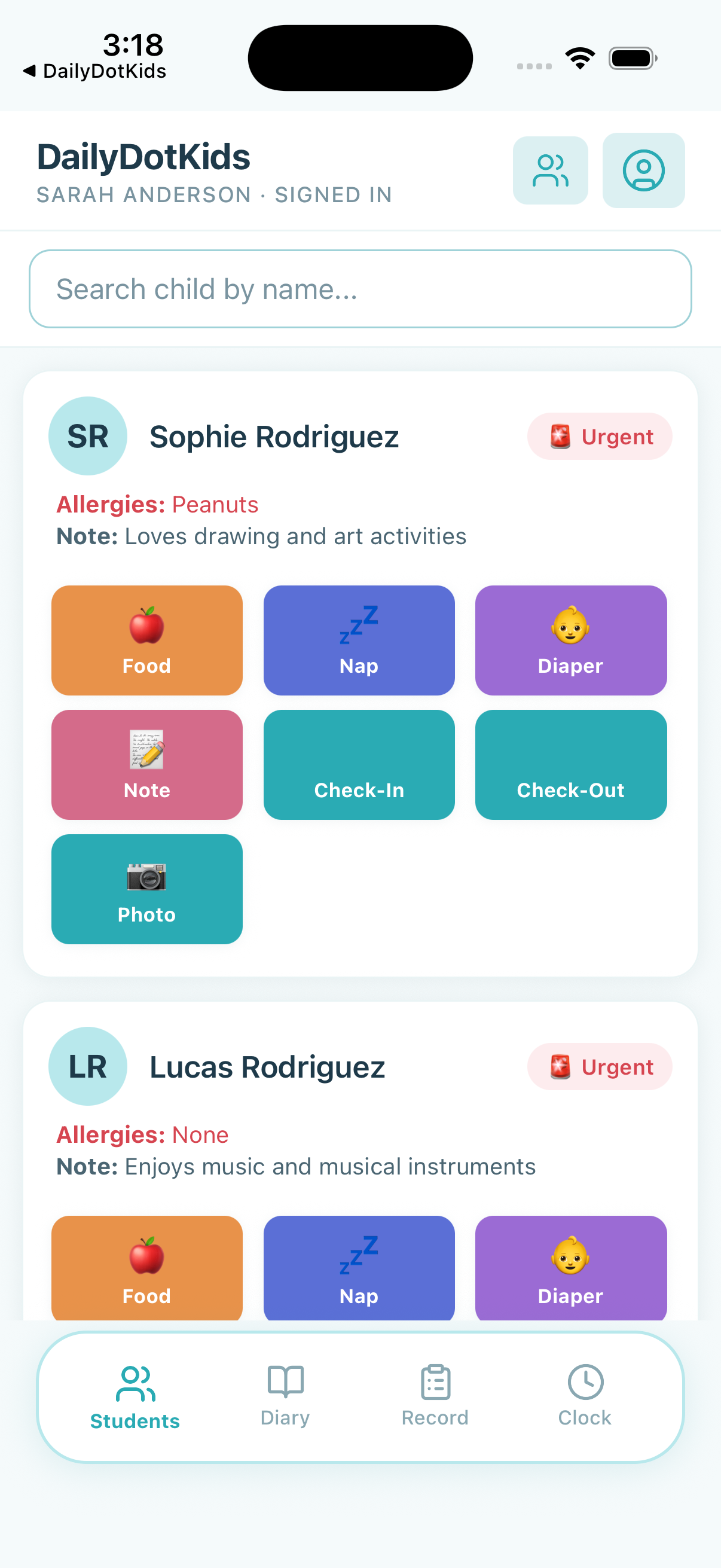 Teacher class roster with one-tap activity logging buttons